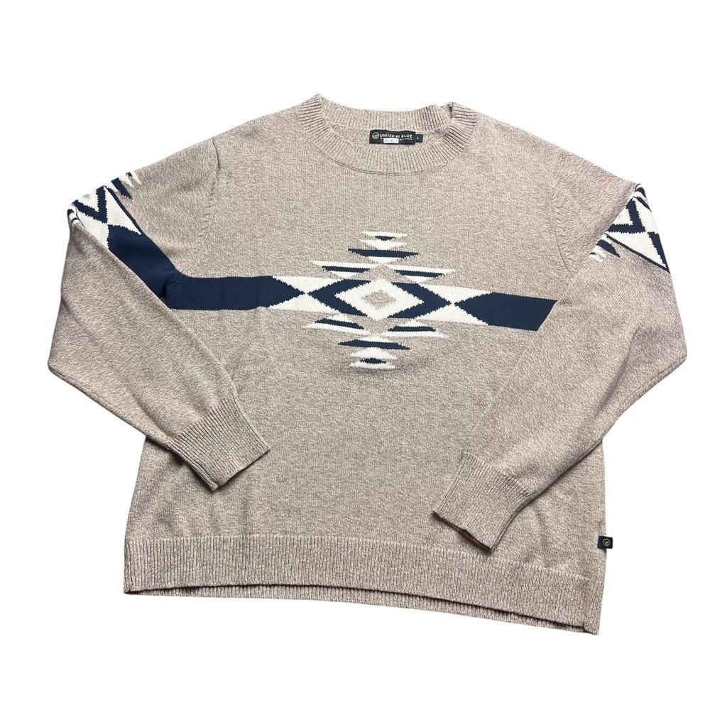 United By Blue Womens Wool Blend Southwestern‎ Geometric Crewneck Sweater Tan L